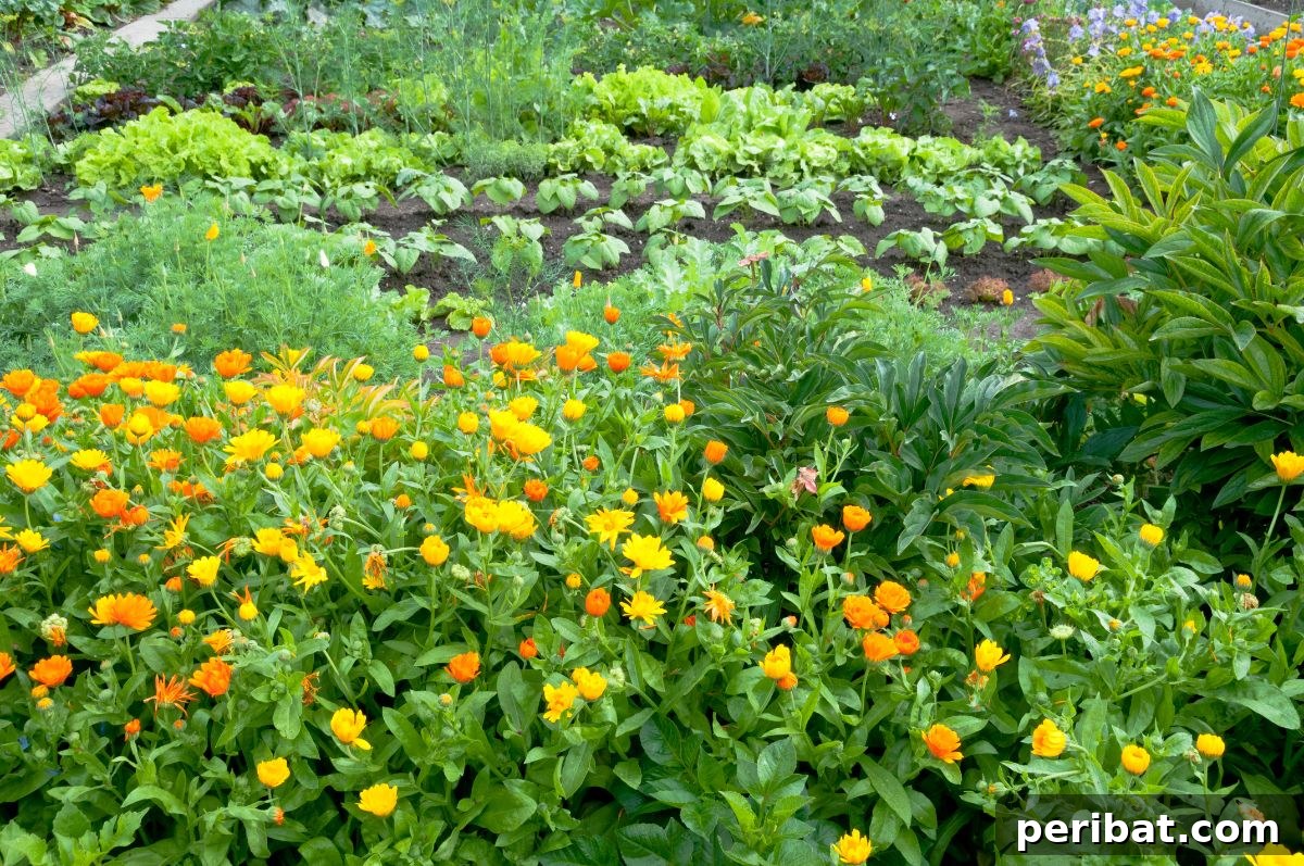 marigolds flowers growing in the vegetables along with the green leafy vegetables