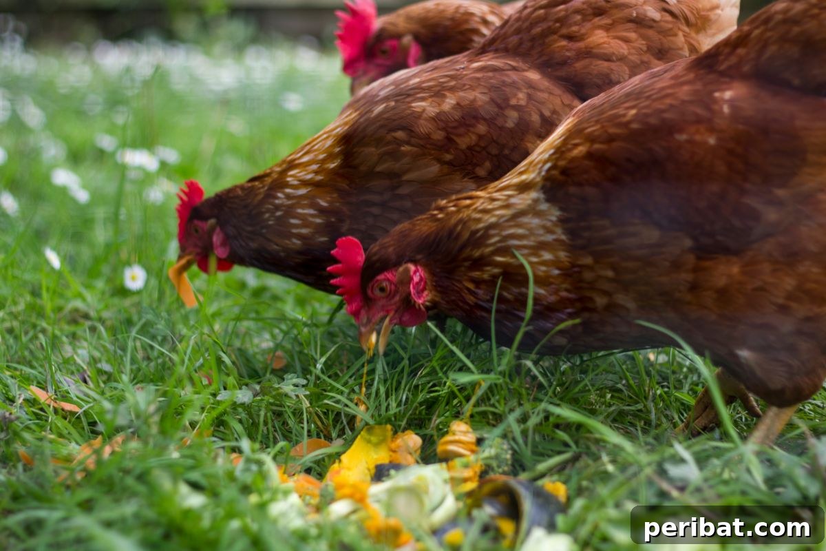 flock of chicken eating in the farm