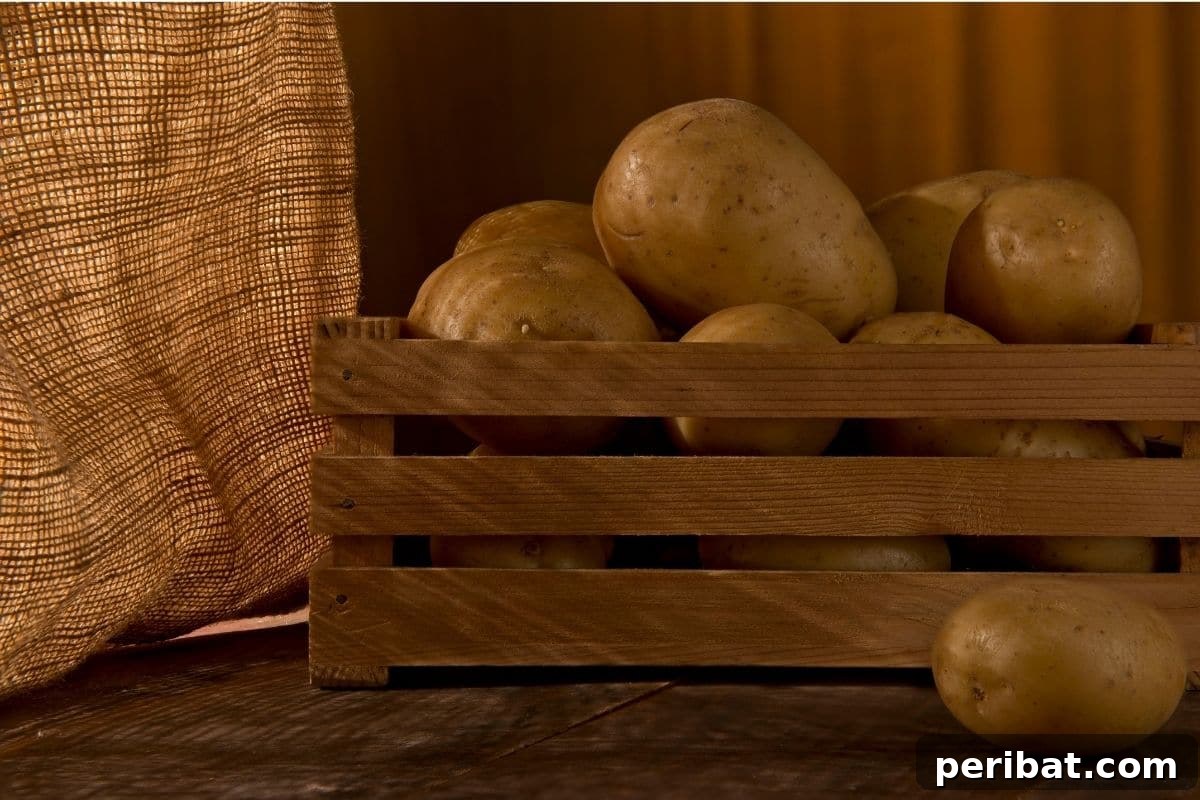 Potatoes neatly stacked in a wooden box, stored in a naturally cool and dark environment, illustrating ideal storage conditions.