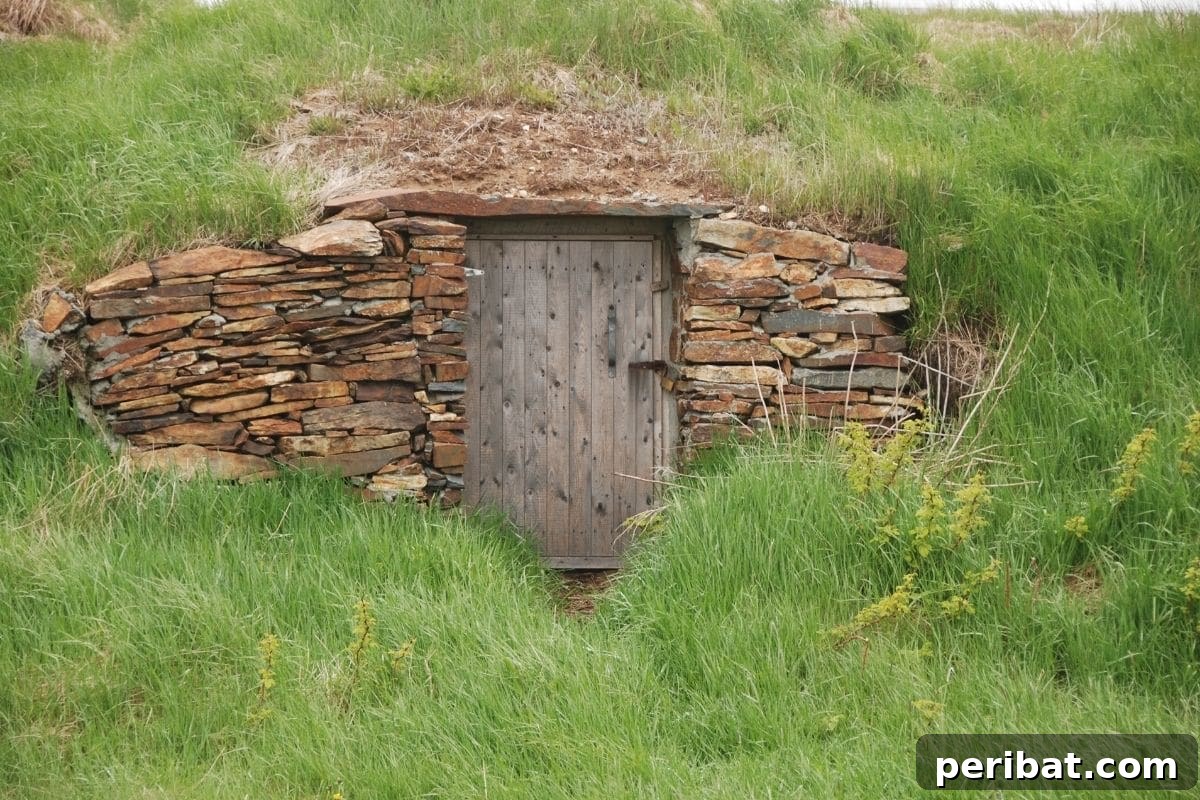 A traditional root cellar entrance built into a hillside, designed for natural cooling and darkness to preserve stored produce like potatoes.