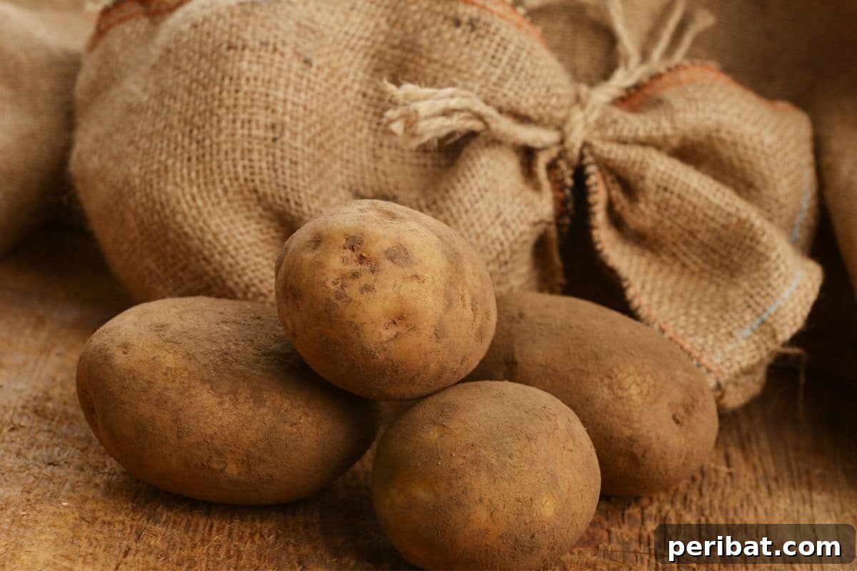Freshly harvested potatoes, still coated with garden soil, alongside a tied burlap bag, ready for storage.