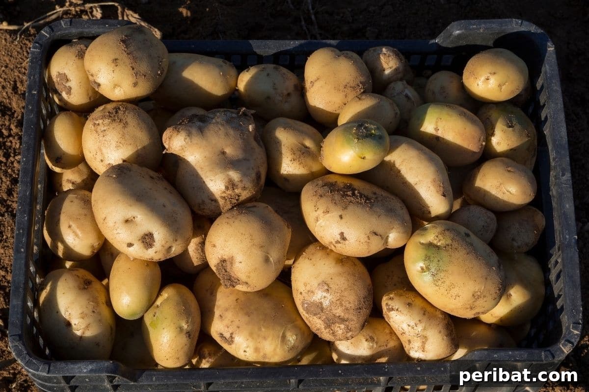 Freshly harvested potatoes, still covered in garden soil, laid out in a box under the sun, a step in the curing process before storage.