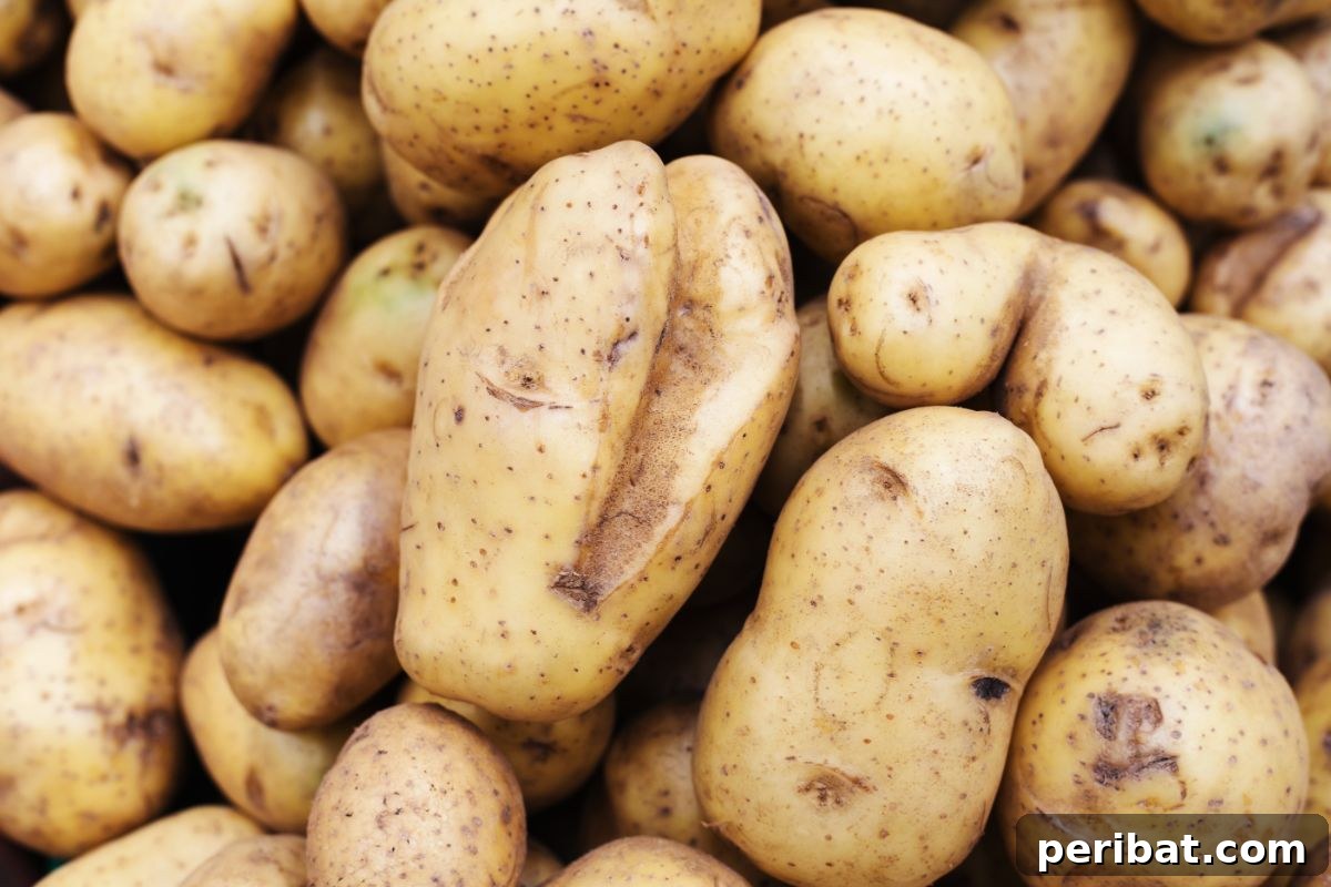A selection of spoiled and old potatoes displayed in a market setting, highlighting the outcome of improper storage.