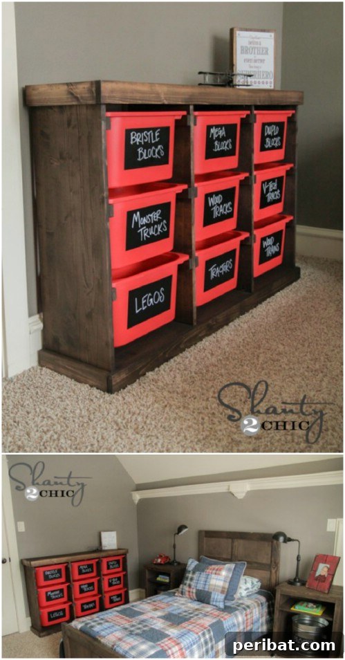 Rustic Toy Organizer with Plastic Bins and Chalkboard Labels