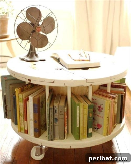 Cable Drum Table with Bookshelf Storage