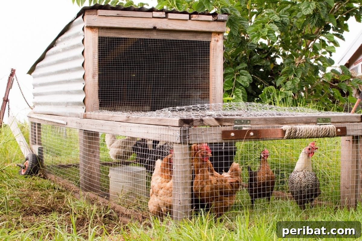 chickens in their pen or in their cage/house, in the farm