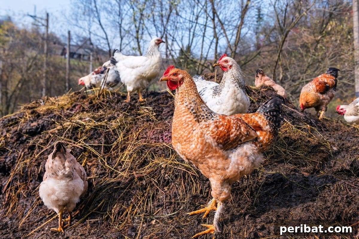 flock of chicken in the pile of chicken manure