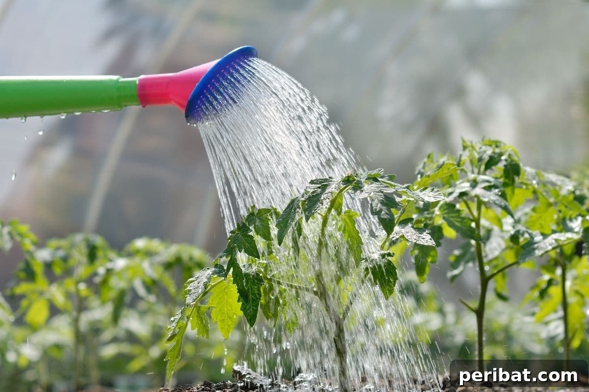 watering a growing plant in the garden using a water pot