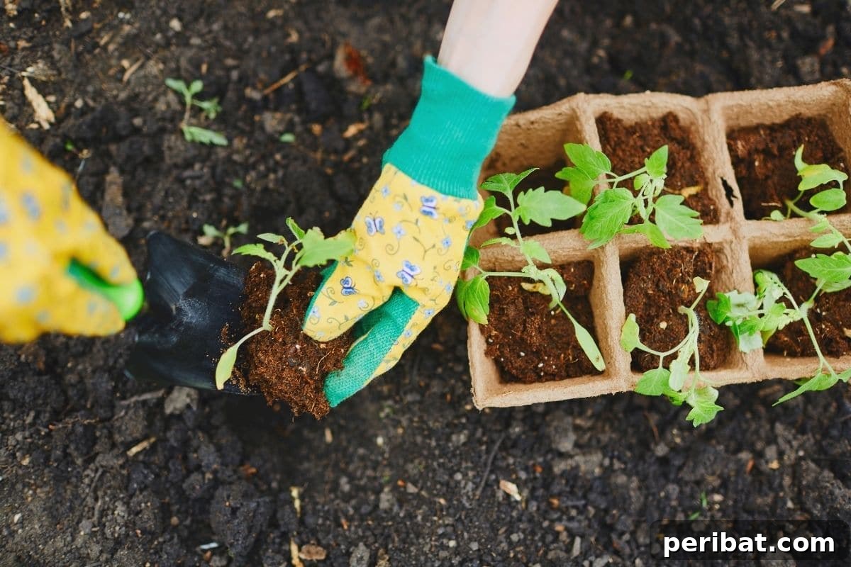 placing the seedling in a dug hole from the container to the garden bed for transplanting