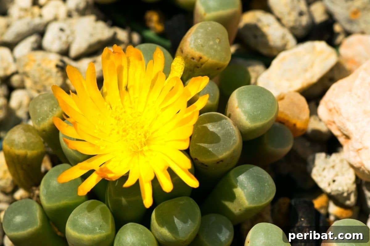 Baby toes or Fenestrania Rhopalophylla with yellow flowers growing in the garden