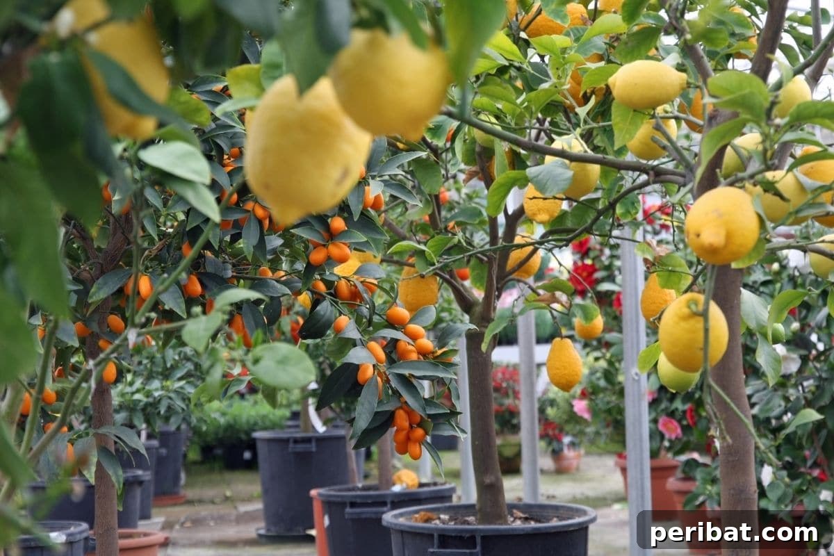 lemon tree with ripe fruits growing in a big bucket in the garden
