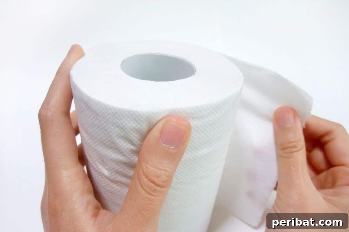Person pulling toilet paper with one hand and holding the tissue paper with the other, preparing for seed tape