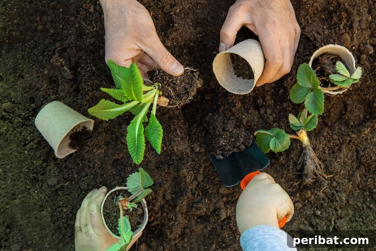 Person planting a seedling in a garden, carefully replanting in a row