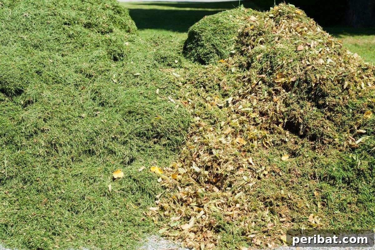 Pile of organic mulch made from grass clippings gathered on a green lawn