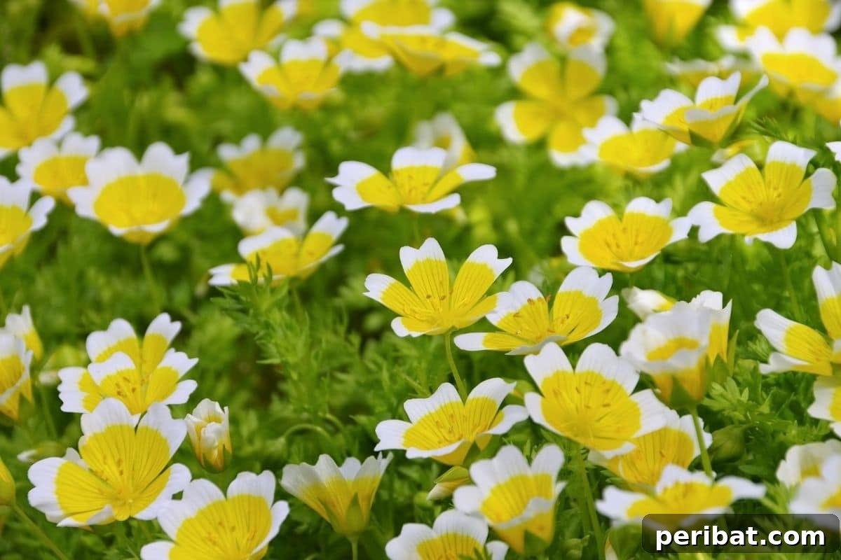 21 Flowers Your Vegetable Garden Needs to Thrive 16 bunch of poached egg plant flowers with white and yellow colors blooming in the garden