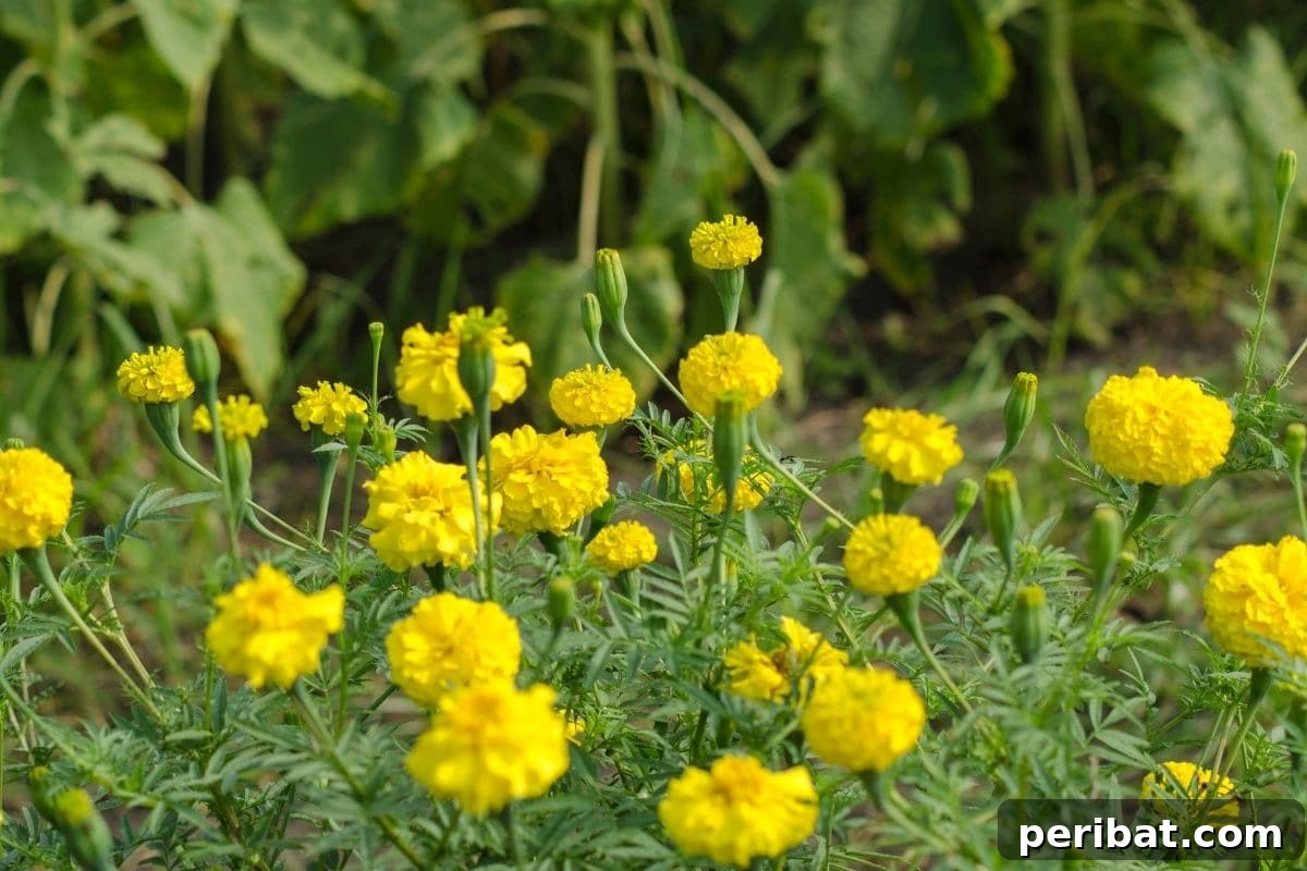 21 Flowers Your Vegetable Garden Needs to Thrive 8 Yellow marigold blooming in the garden along with the vegetables
