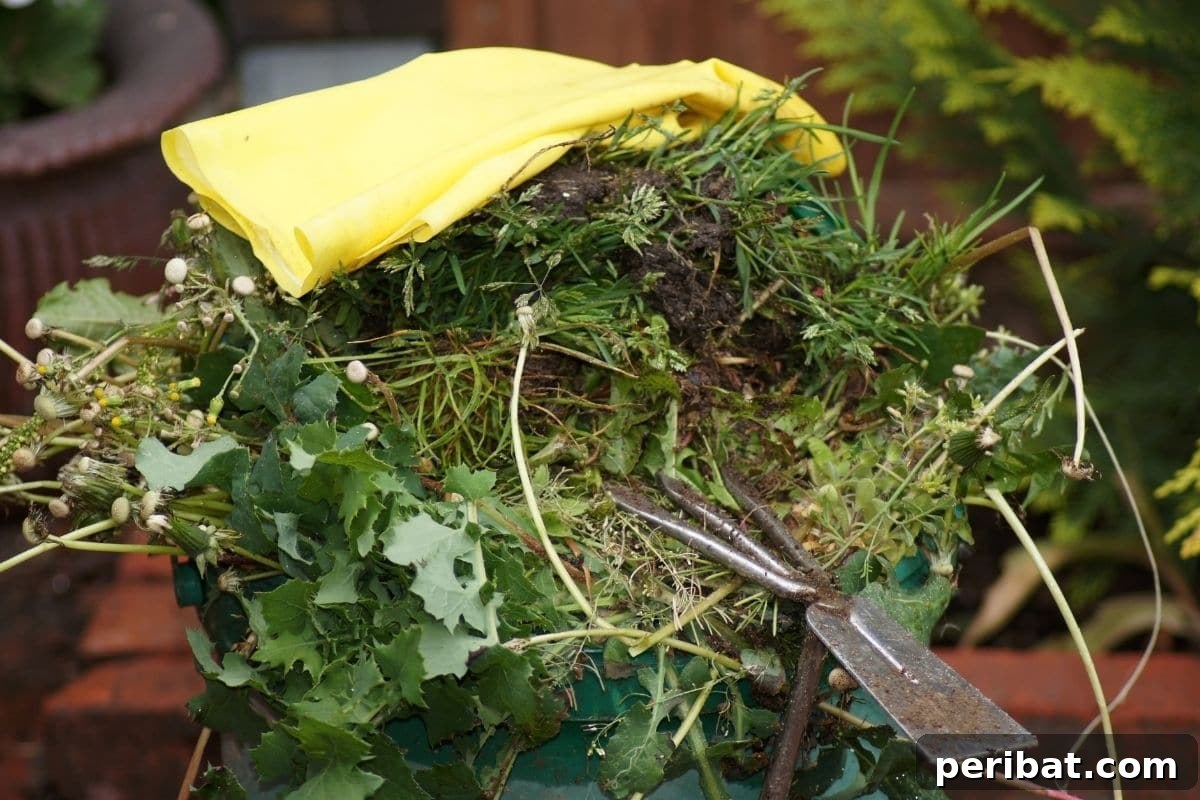 pile of collected weeds from the garden to compost