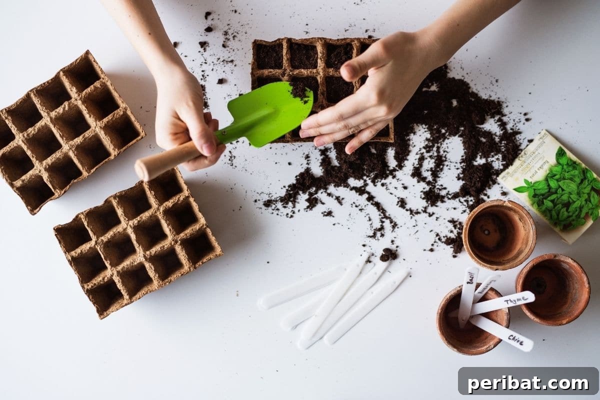 From Seed to Sprout: 20 Pitfalls to Avoid 22 starting seeds indoors, planting seeds indoors, with spilled potting soil and filling container with soil using small shovel