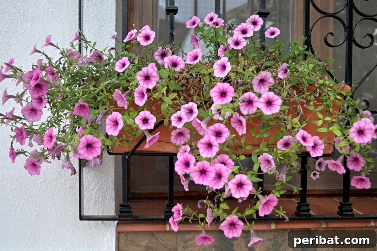 Effortless Blooms for Every Gardener 17 petunia flowers by the windowsill of a house