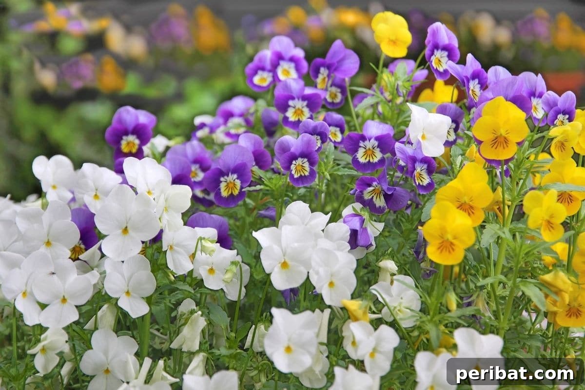 Effortless Blooms for Every Gardener 30 white, puple, and yellow pansies blooming in the garden along with other flowers
