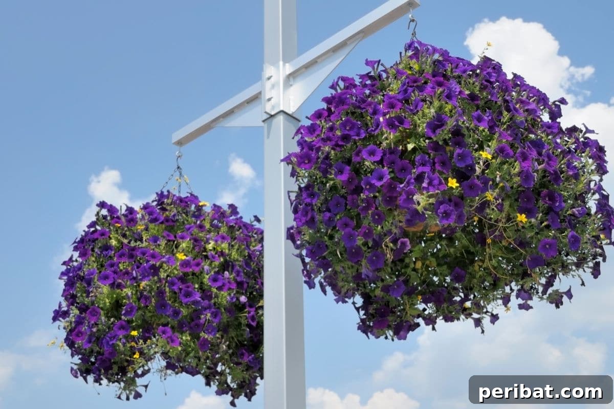 Vertical Oasis: 18 Creative Hanging Plant Ideas for Compact Living 2 purple flowers in pots hanging in a stand against the sky