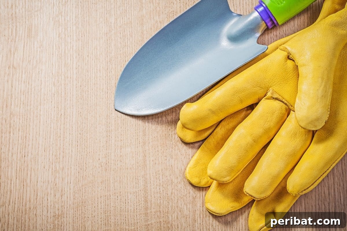 Craft Your Own Concrete Hand Planter 5 garden plastic gloves and trowel in a wooden table