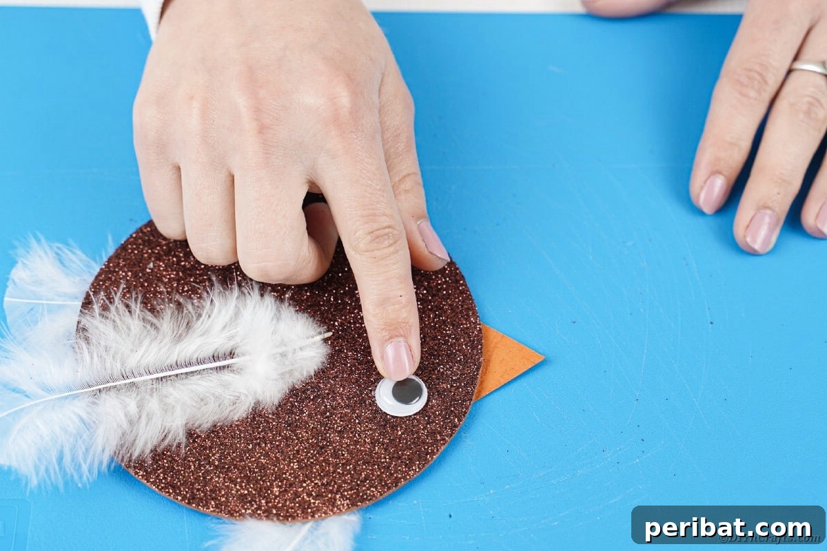 Crafting Whimsical Fish and Bird Decor from Old CDs 15 Adding googly eye to brown bird