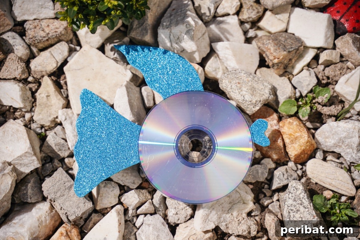 Crafting Whimsical Fish and Bird Decor from Old CDs 6 Blue fish on stone