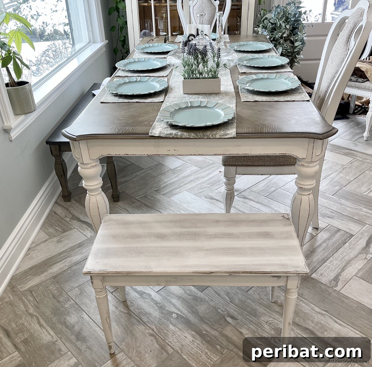 Distressed dining table and bench
