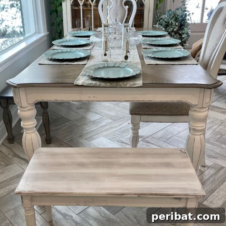Distressed dining table and bench - Pinterest icon