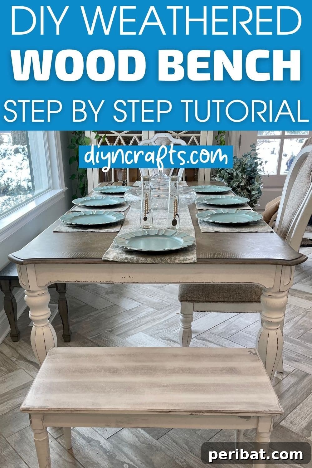 Full view of a distressed dining table and bench, perfect for a rustic farmhouse kitchen