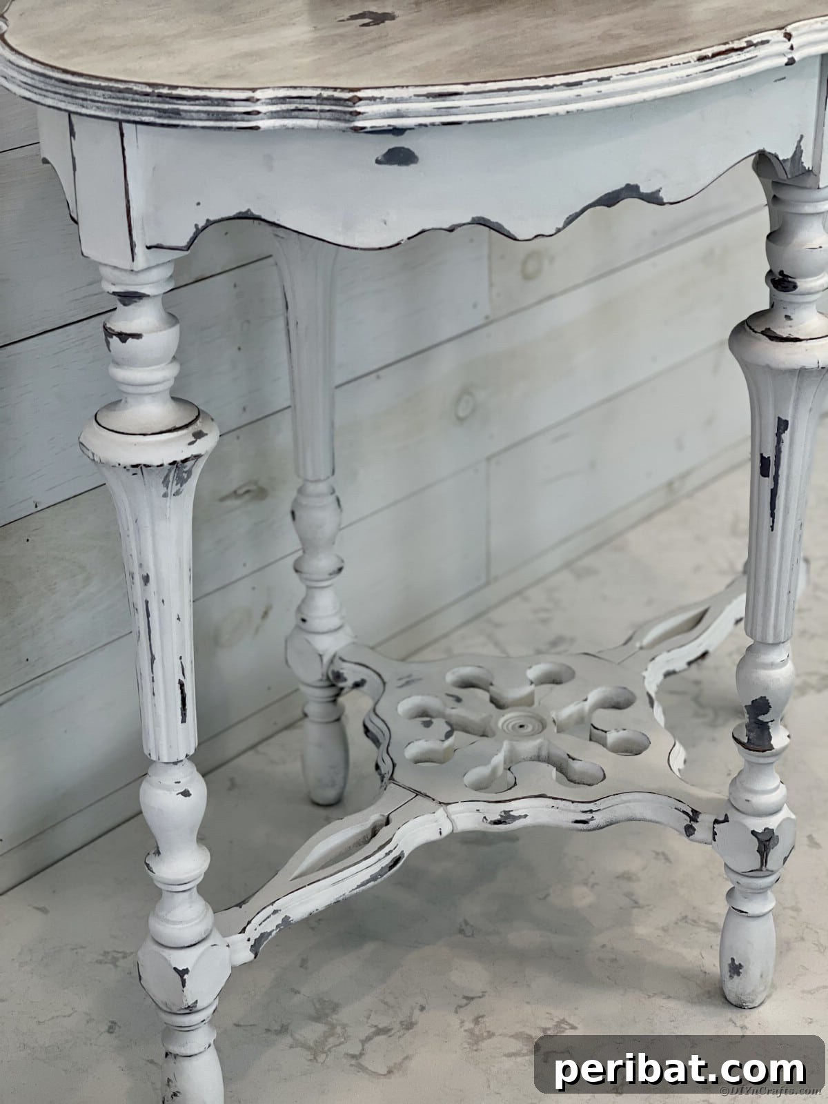 Chippy Charm Side Table Transformation 3 Base of weathered side table with white and gray distressing