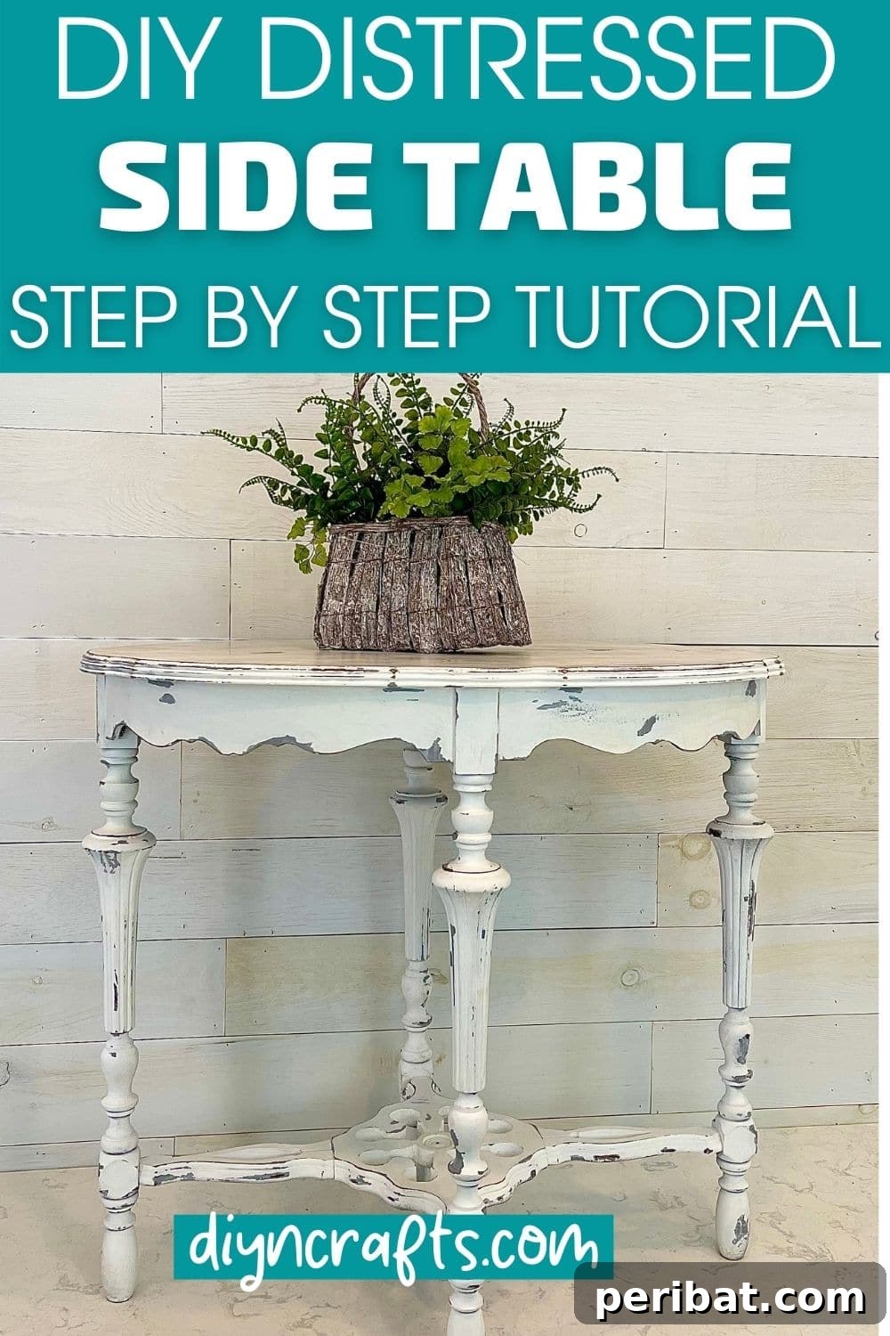 Chippy Charm Side Table Transformation 18 Basket of greenery on top of distressed white side table