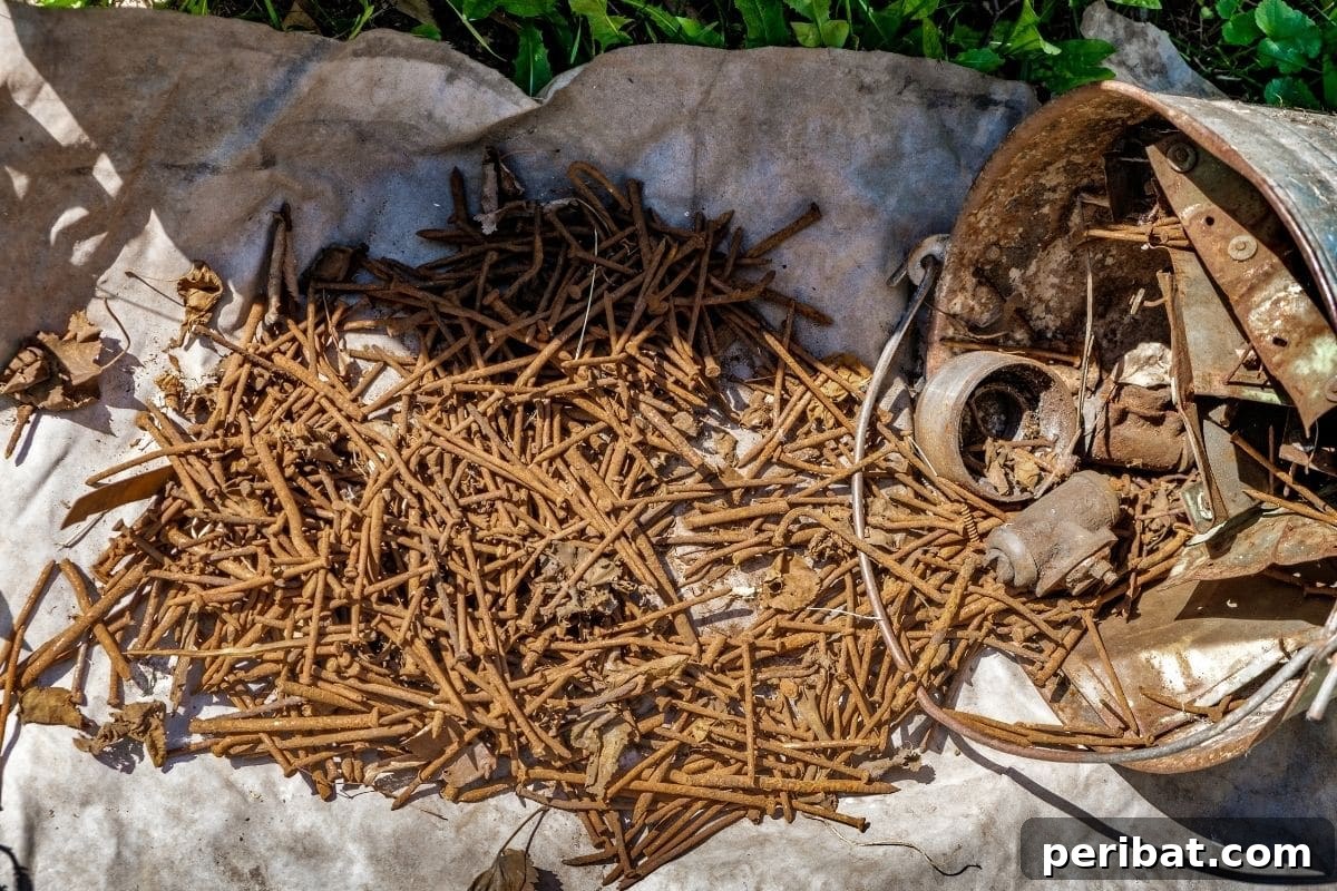 The Rusty Nail Trick Your Plants Are Craving 3 rusty nails in a cloth and bucket in the garden