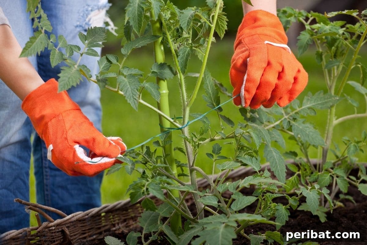 staking tomato plant in the raised garden bed