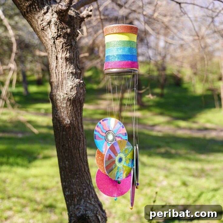 Rainbow wind chime in tree, featuring a homemade upcycled CD and tin can wind chime.