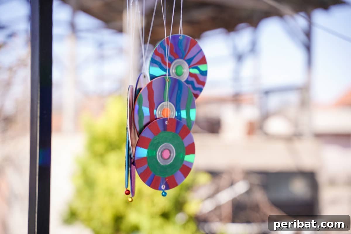 Sparkling Repurposed Garden Melody 6 Close-up of colorful CDs forming the bottom elements of a vibrant wind chime.