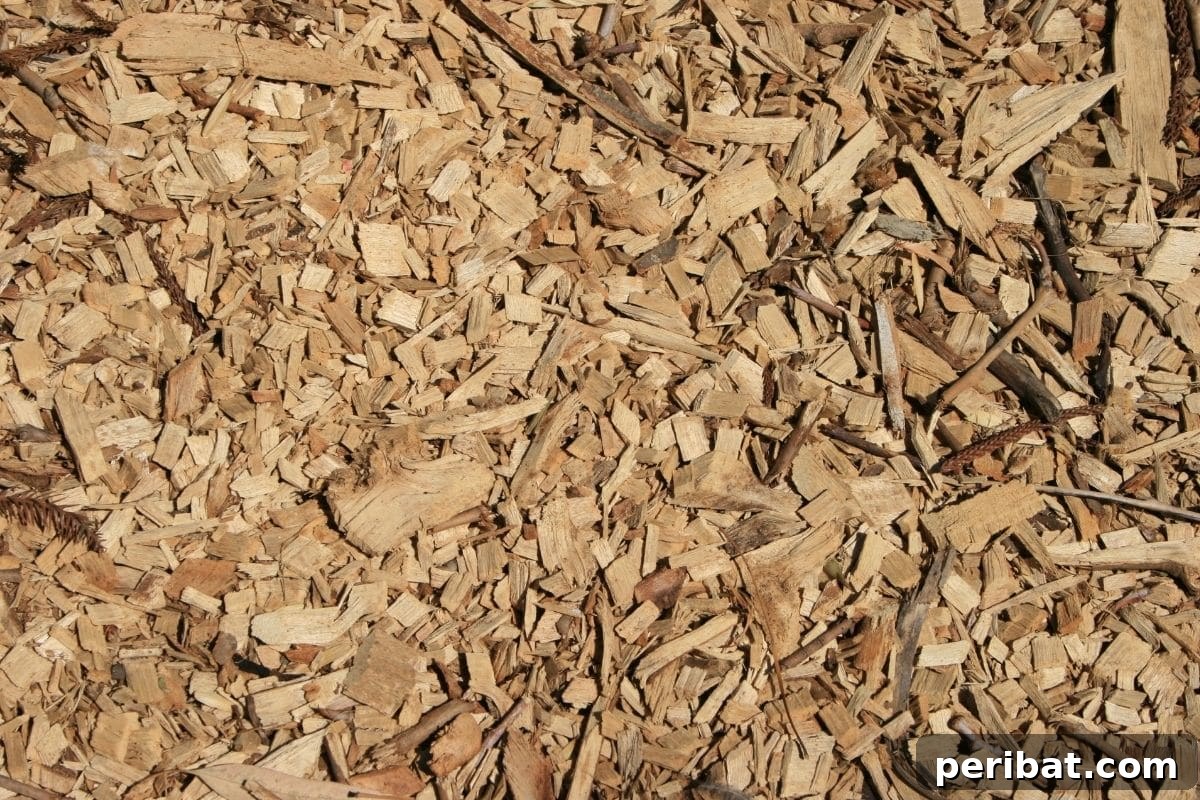 Organic wood chips ready for mulching around garden plants.