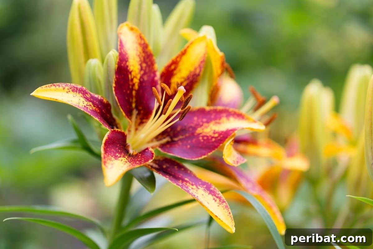 Transform Your Garden with Breathtaking Lilies 4 A vibrant collection of Asiatic Lilies in full bloom within a garden setting, showcasing their bright colors and upward-facing flowers.