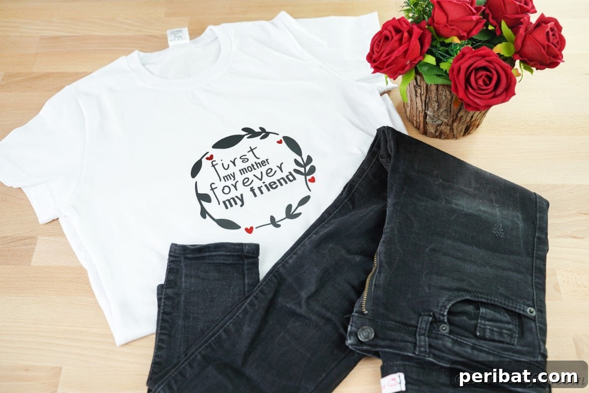 White custom Mother's Day shirt on a table next to black jeans