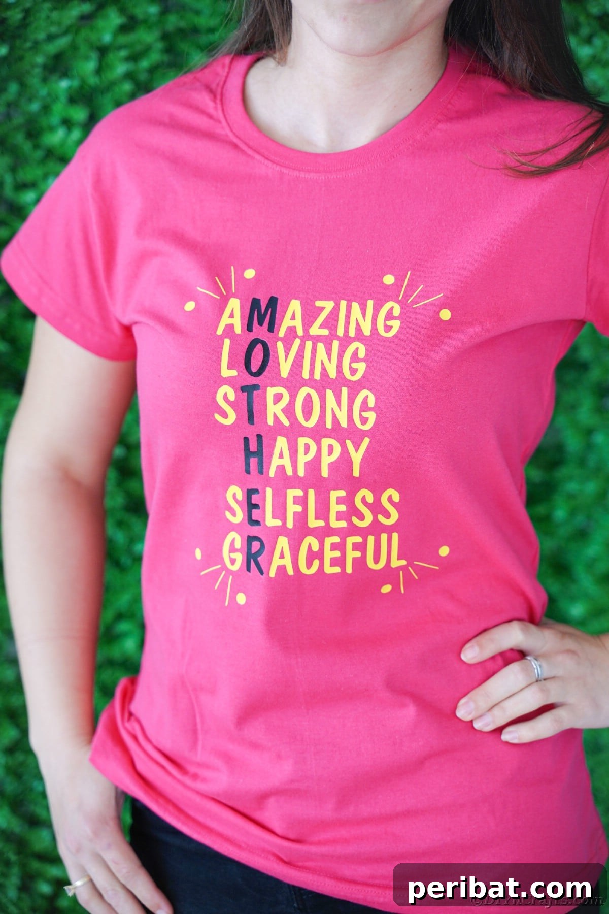 Woman wearing a pink custom Mother's Day t-shirt