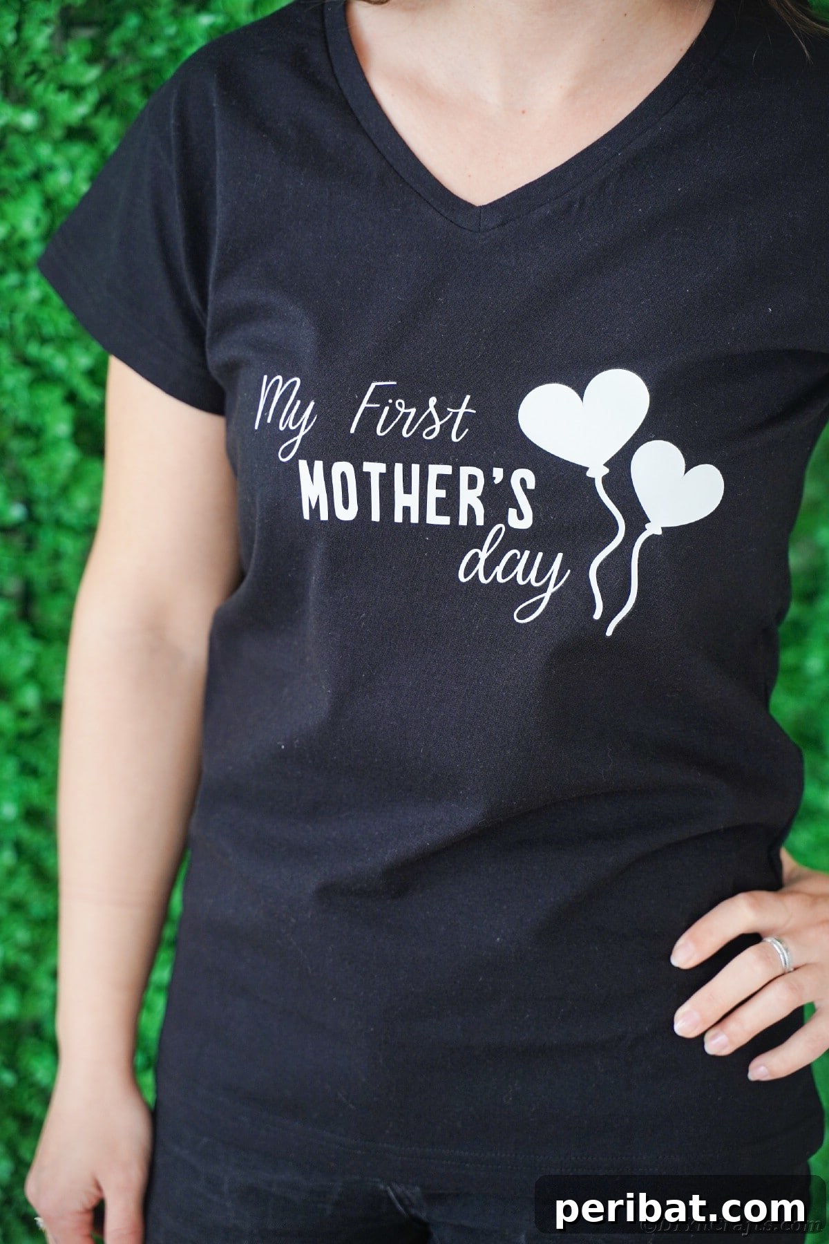 Woman wearing a black custom Mother's Day t-shirt