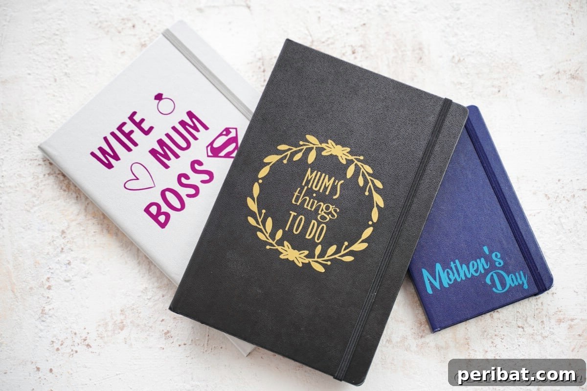 Craft Personalized Vinyl Journals for Mother's Day 3 Stack of personalized journals on white marble surface