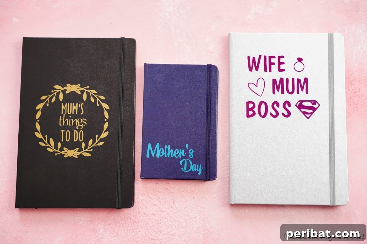 Craft Personalized Vinyl Journals for Mother's Day 12 Three notebooks on pink table