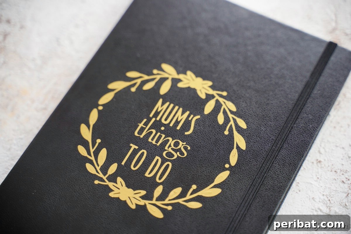 Craft Personalized Vinyl Journals for Mother's Day 4 Mum's things to do in gold on black notebook