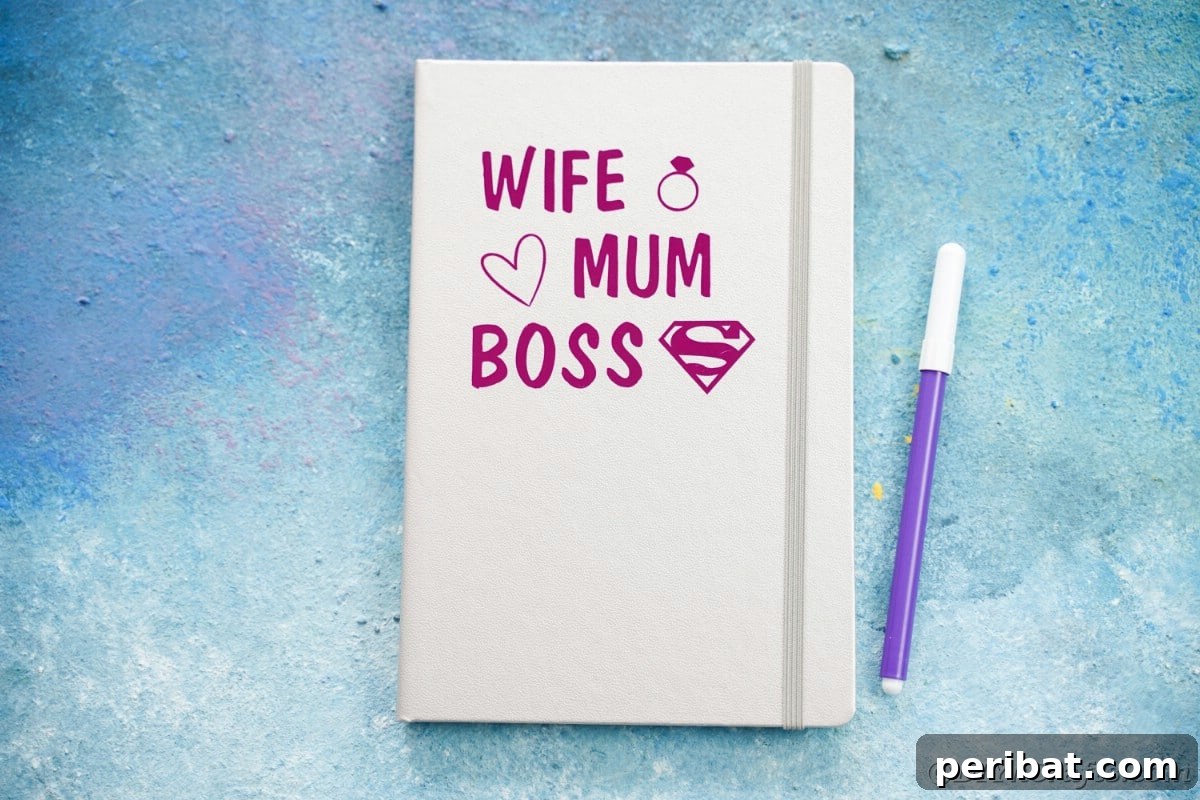 Craft Personalized Vinyl Journals for Mother's Day 5 Wife mum boss written on gray book on blue table