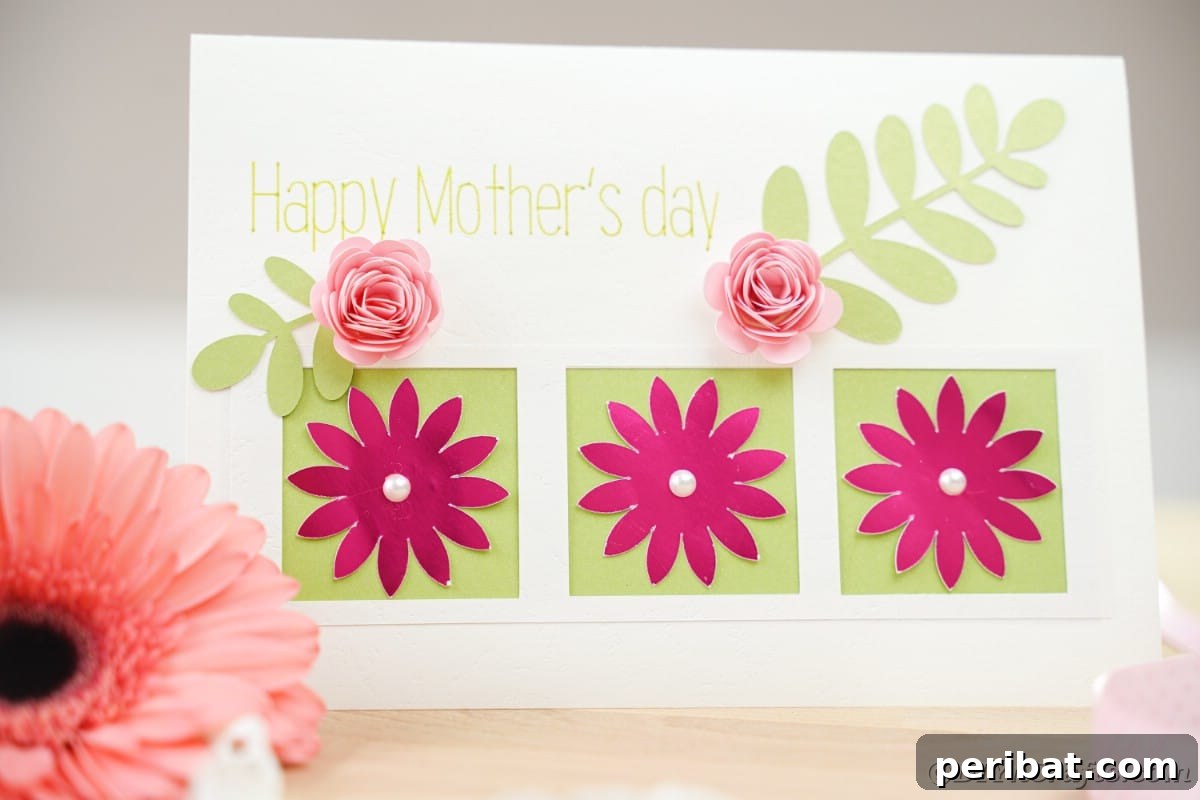 White mothers day card with green and pink flowers