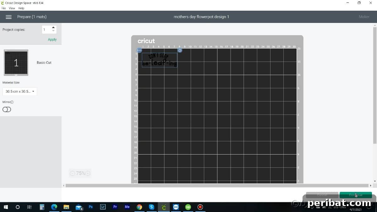 Screenshot of message on mat in design space, showing design layout