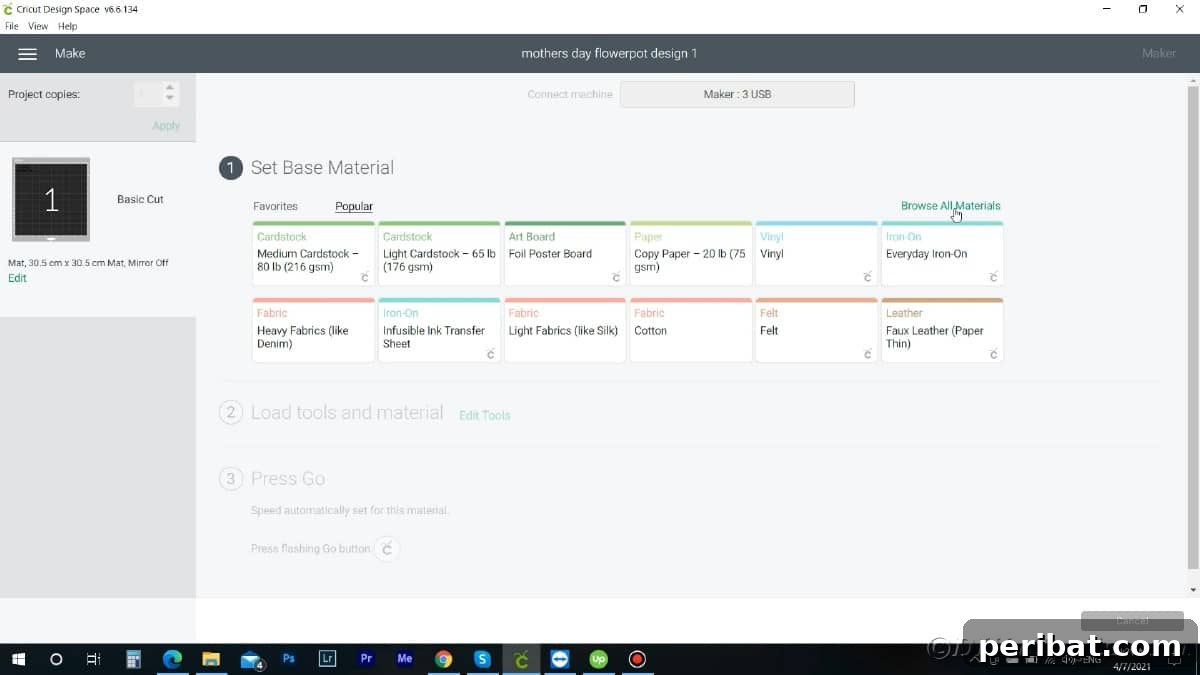 Screenshot of Cricut Design Space material options, guiding material selection