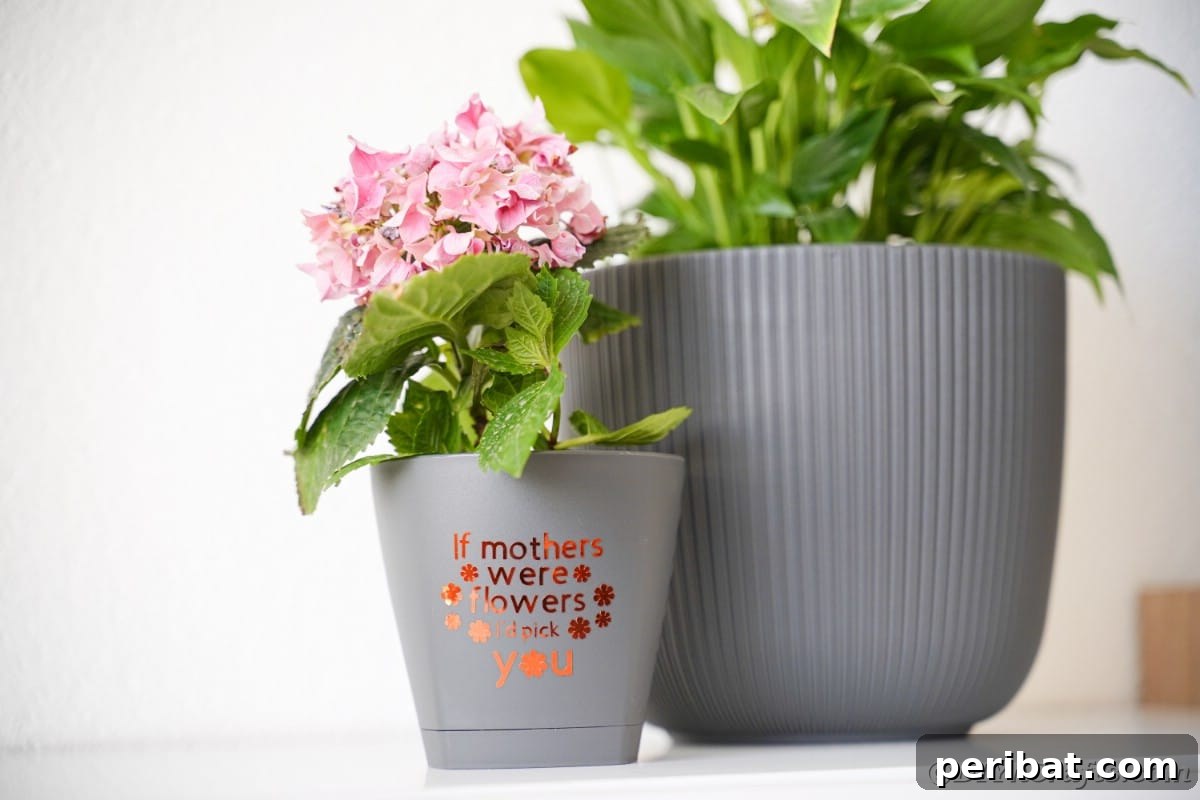 Gray flower pots on a table, displaying a collection of decorated pots